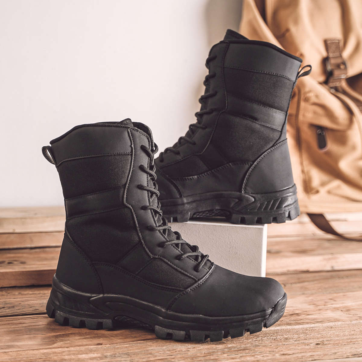 Outdoor Men's Hiking Boots Lightweight PU Leather Male Mid-leg Boots Women Trekking Trails Shoes, Black Color Gig Size US 13