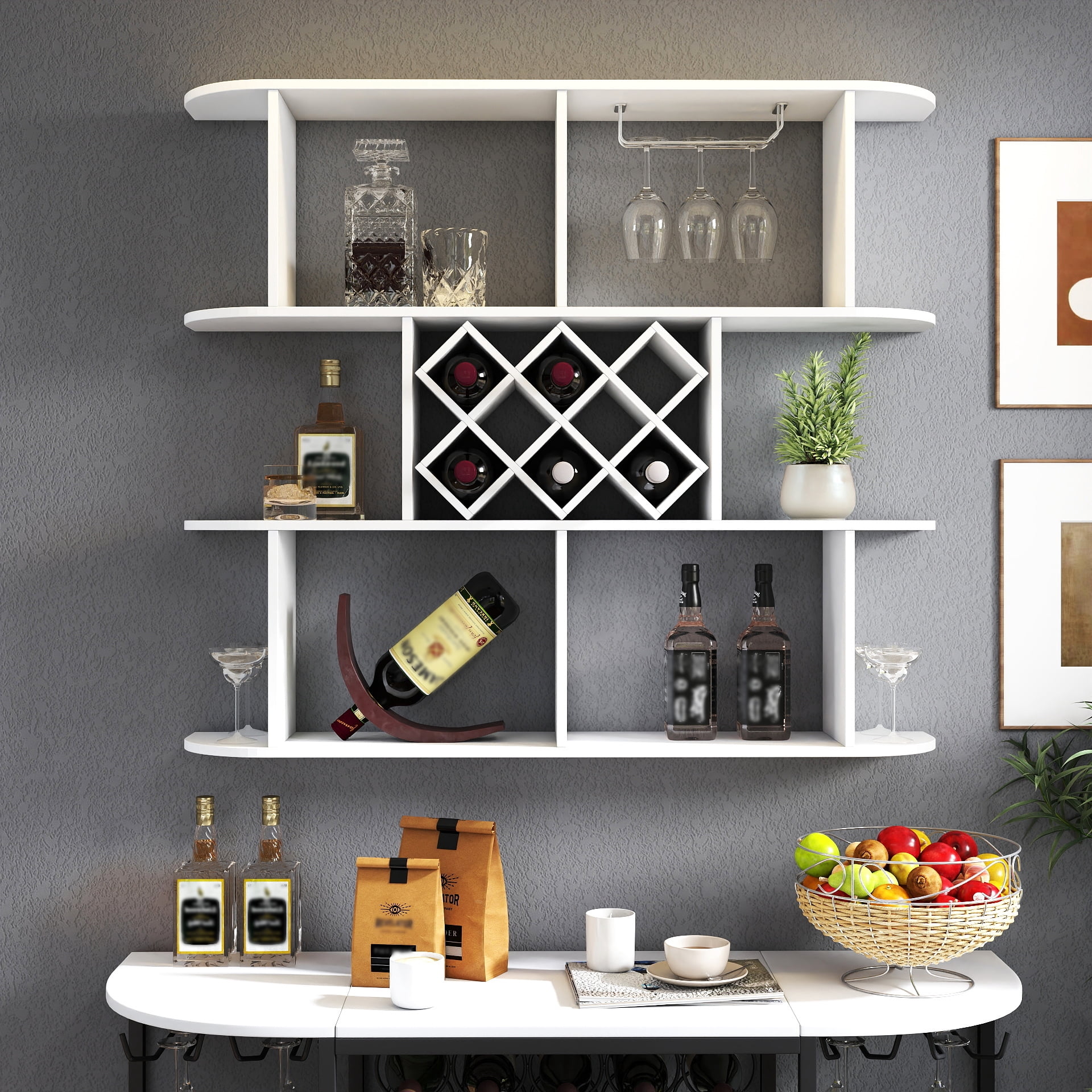 Wall Mounted Wine Rack with 3 Tiers, Rustic Bottle and Glass Storage Shelf for Home Bar, White Finish, Large Capacity with Integrated Glass Holder