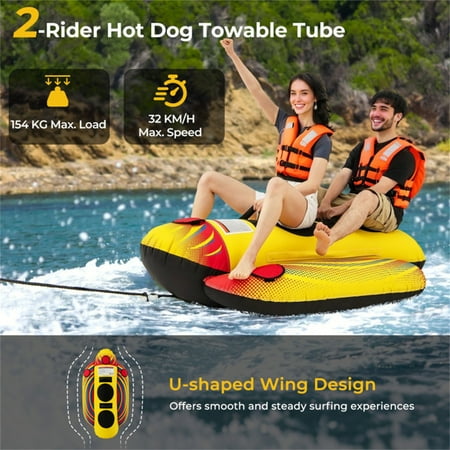 Inflatable Banana Boat Towable Tube for 1-2 Riders 340 LB Capacity 73x40x23 Inch Yellow Water Sports Toy for Lake Ocean River Boating Family Fun Summer Water Toy with Boston Valves