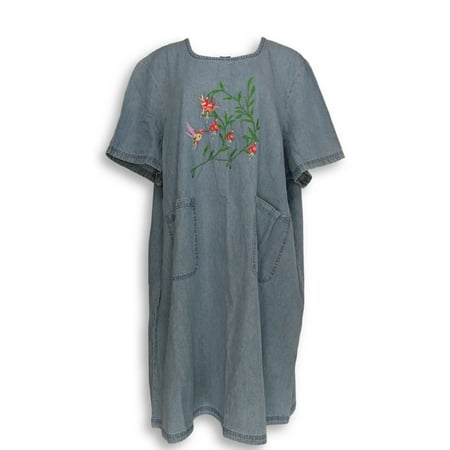 Country Store Plus Sz Dress 3X Denim Shift Short Sleeves Embroidered (Best Way To Store Dresses)