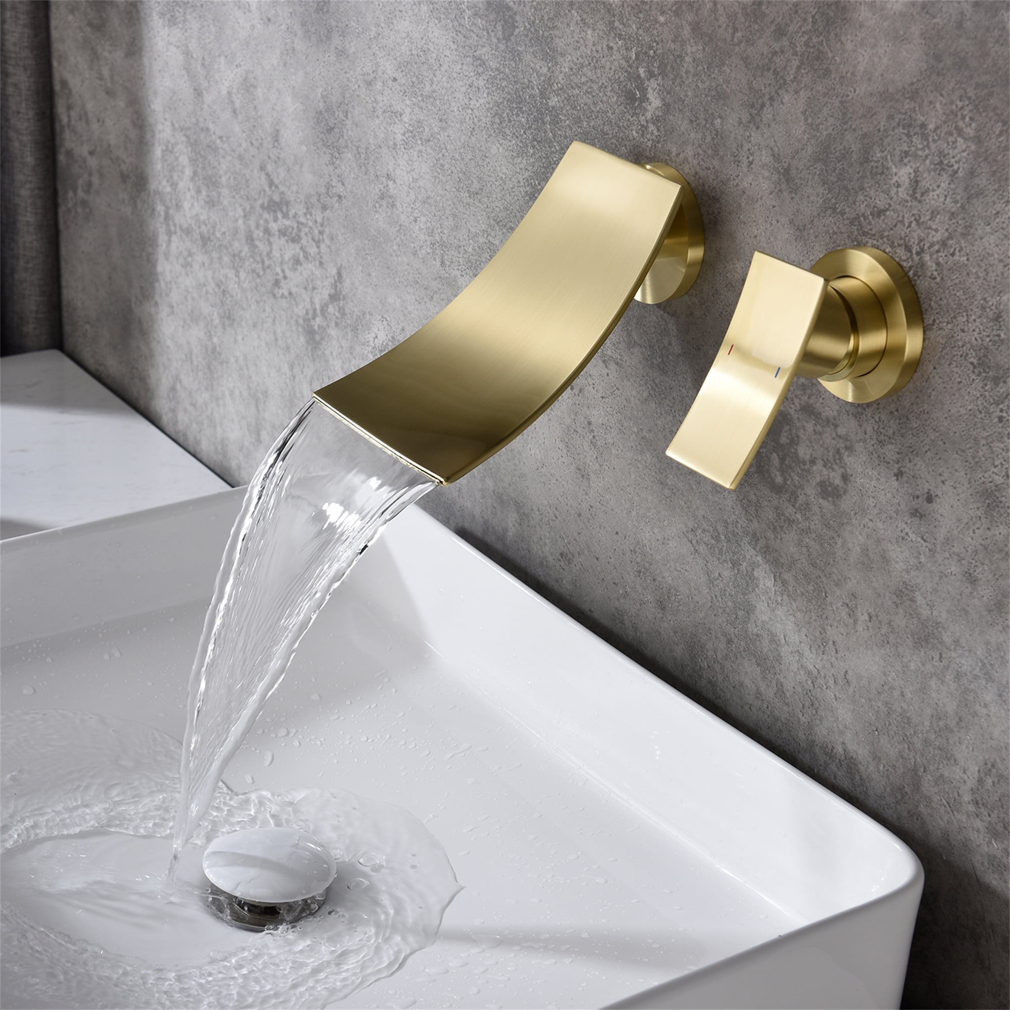 Cfowner Wall Mount Bathtub Faucet, Single Handle Bathroom Fixtures Widespread Faucet, 2 Hole Waterfall Spout Faucet, Gold