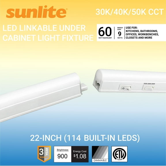 Sunlite LED Linkable Under Cabinet Light Fixture, Adjustable Color 30K/40K/50K, 9 Watts, 900 Lumens, Kitchens, Bathrooms, Offices, Workbenches, ETL Listed, 22 inch, CCT