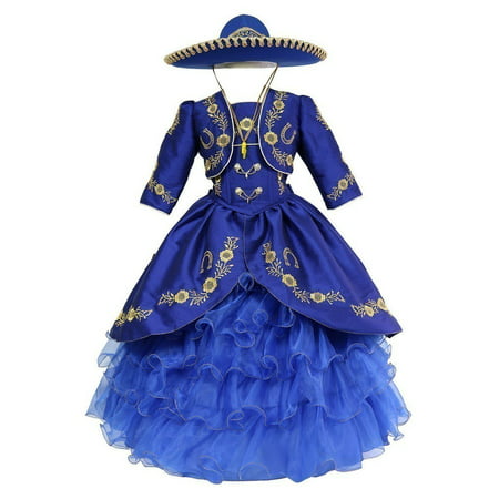 Little Girls Royal Blue Gold Ruffles Embroidery Bolero Hat Mariachi Dress