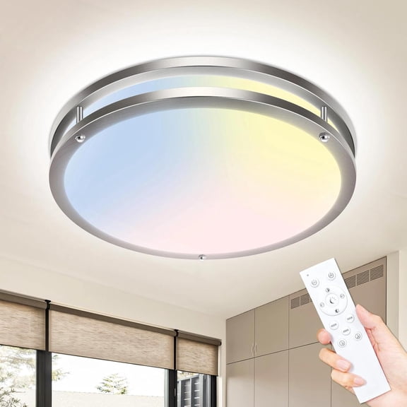 HOVMAP LED Ceiling Light with Remote, 10inch 3000K-6500K Adjustable Dimmable Flush Mount Ceiling Light Fixture, Timer Night light, Ceiling Light for Kitchen Bathroom Bedroom Hallway, Silver