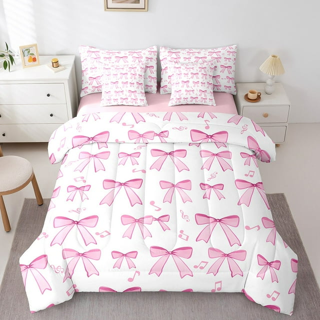 Erosebridal Pink Bowknot Bedding Queen Size,Musical Notes Bedding Sets Queen Size,Cartoon Bow Comforter Sets with Sheets,Microfiber Kawaii Room Decor,Reversible,7 Pieces