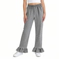 thumbnail image 6 of dazeni Girls Gingham Pants Kids Casual Elastic High Waist Plaid Trousers Soft Ruffle Hem Wide Leg Pants with Pockets Black 11-12 Years, 6 of 7