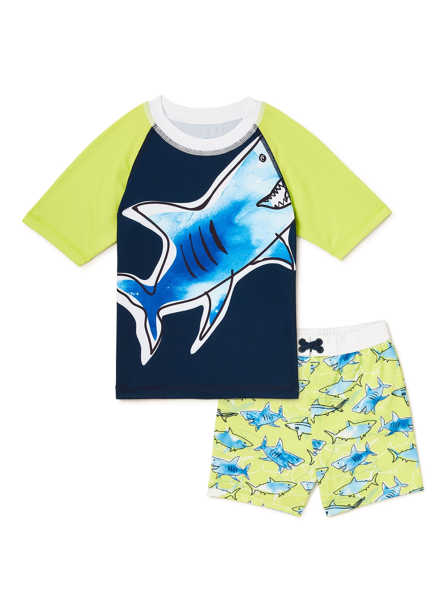 Blue Shark Baby Toddler Boys Two Piece Rash Guard Swimsuits Kids Short Sleeve Sunsuit Swimwear Sets with Hat UPF 50 