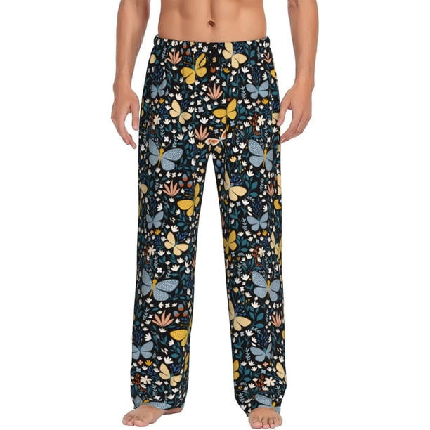 Fotbe Flowers Butterfly Pantalones de Pijama para Hombre, Pantalones de Dormir, Pantalones de Casa con Cintura Ajustable y Bolsillos-Medium