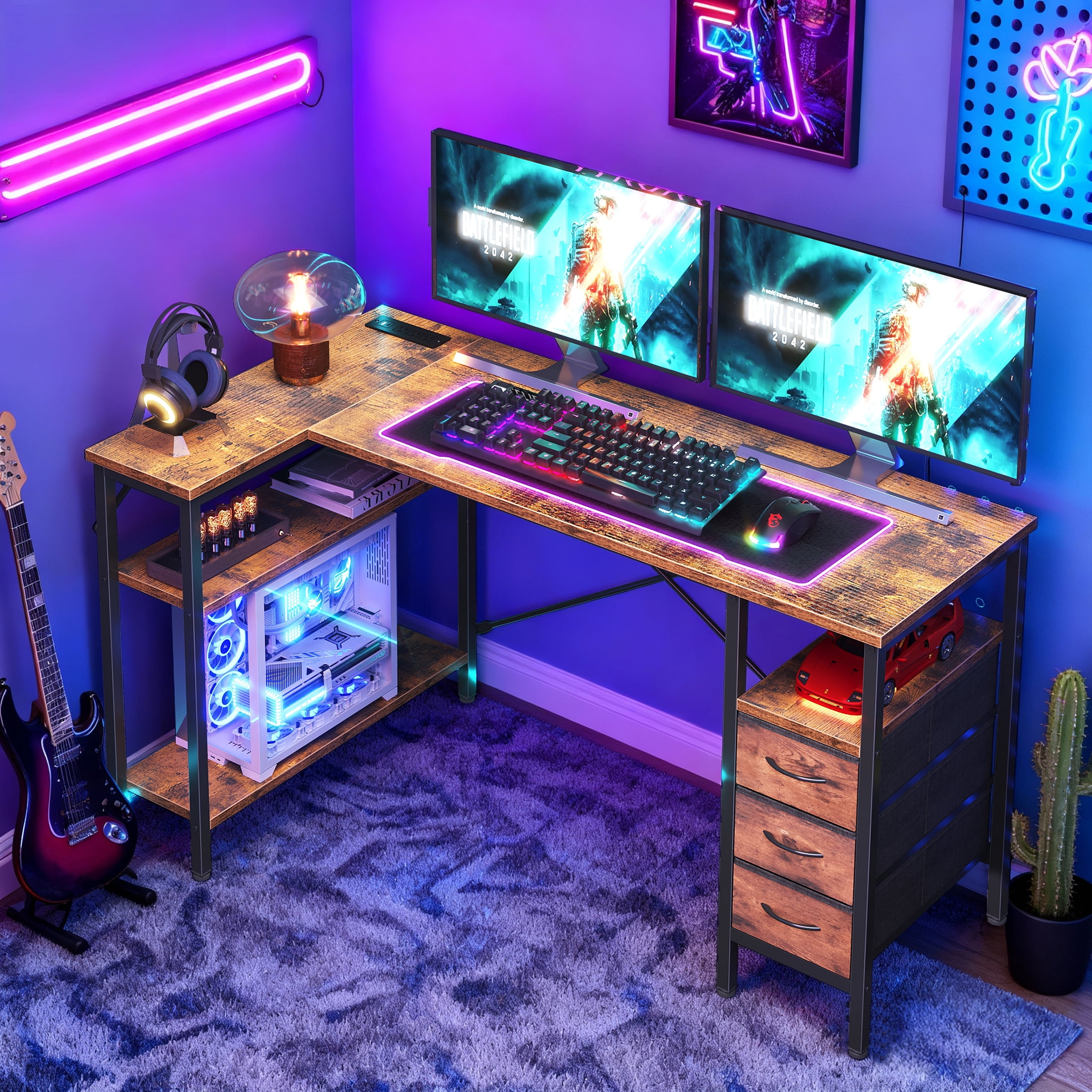 CONCETTA 55"L Shaped Computer Desk with 3 Drawers, Power Outlets, USB Ports, and Monitor Stand, Corner Gaming Desk for Home Office,Black