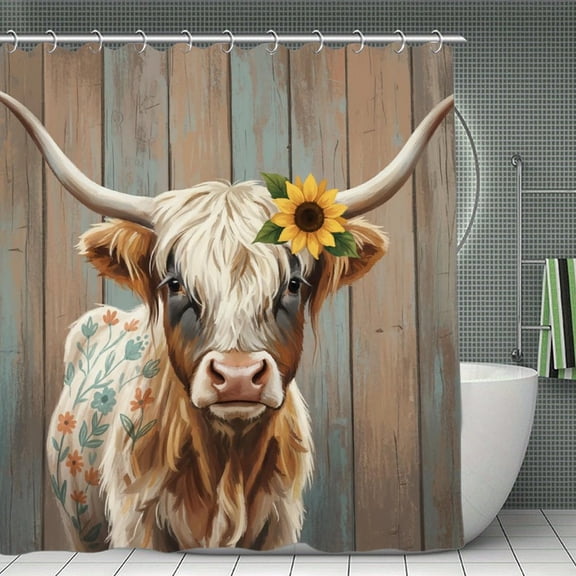 Lovely Brown Highland Cow Print Shower Curtain,Modern Fabric Waterproof Shower Curtain Set with Hooks 70.8×70.8Inch (180×180cm)