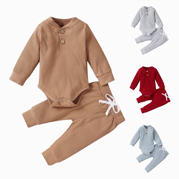 Nwiuh Newborn Baby Boy Girl Clothes Ribbed Cotton Long Sleeve Romper and Pants Outfits Set (Grey, 9-12 Months)