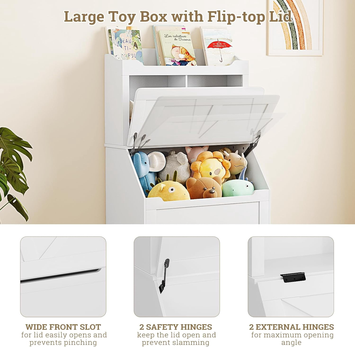 Kids Toy Storage Organizer with Flip-Top Lid & 2-Tier Bookshelf, Wooden Toy Chest and Bookcase for Playroom, Bedroom, Nursery, White