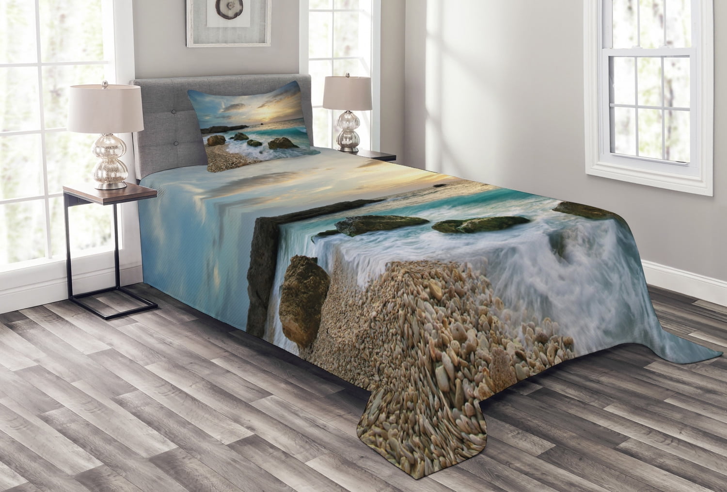 Ocean Bedspread Set, Seascape Composition of Nature Rocks Waves Cloudy