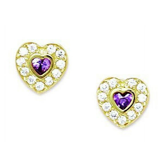 14k Yellow Gold February Purple 3x3mm CZ Heart Screw-Back Earrings - Measures 8x8mm