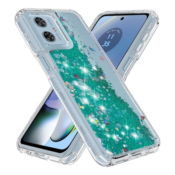 Rosebono Compatible With Motorola Moto G34 Case, 3in1 Hybird Colorful Gradient Quicksand Glitter Liquid Floating with Frame Bumper Protective Armor Case (Teal)