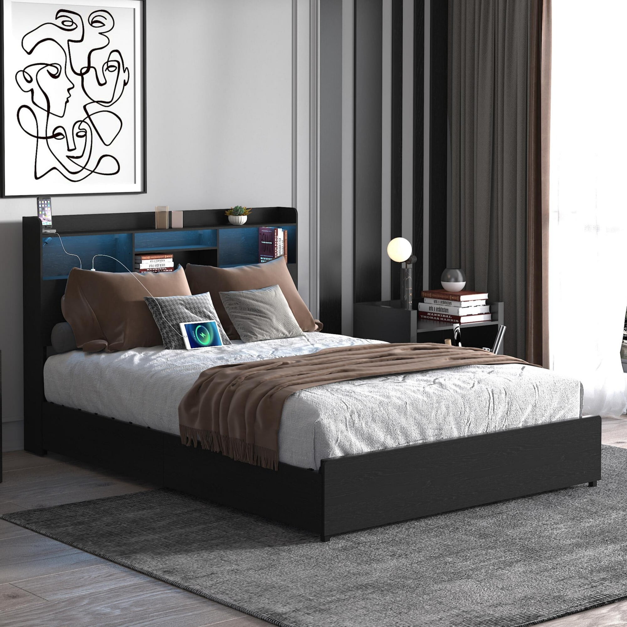 AENKYO Full Size Bed Frame with 4 Storage Drawers & LED Lights - Storage Headboard with Charging, Noise-Free, Black