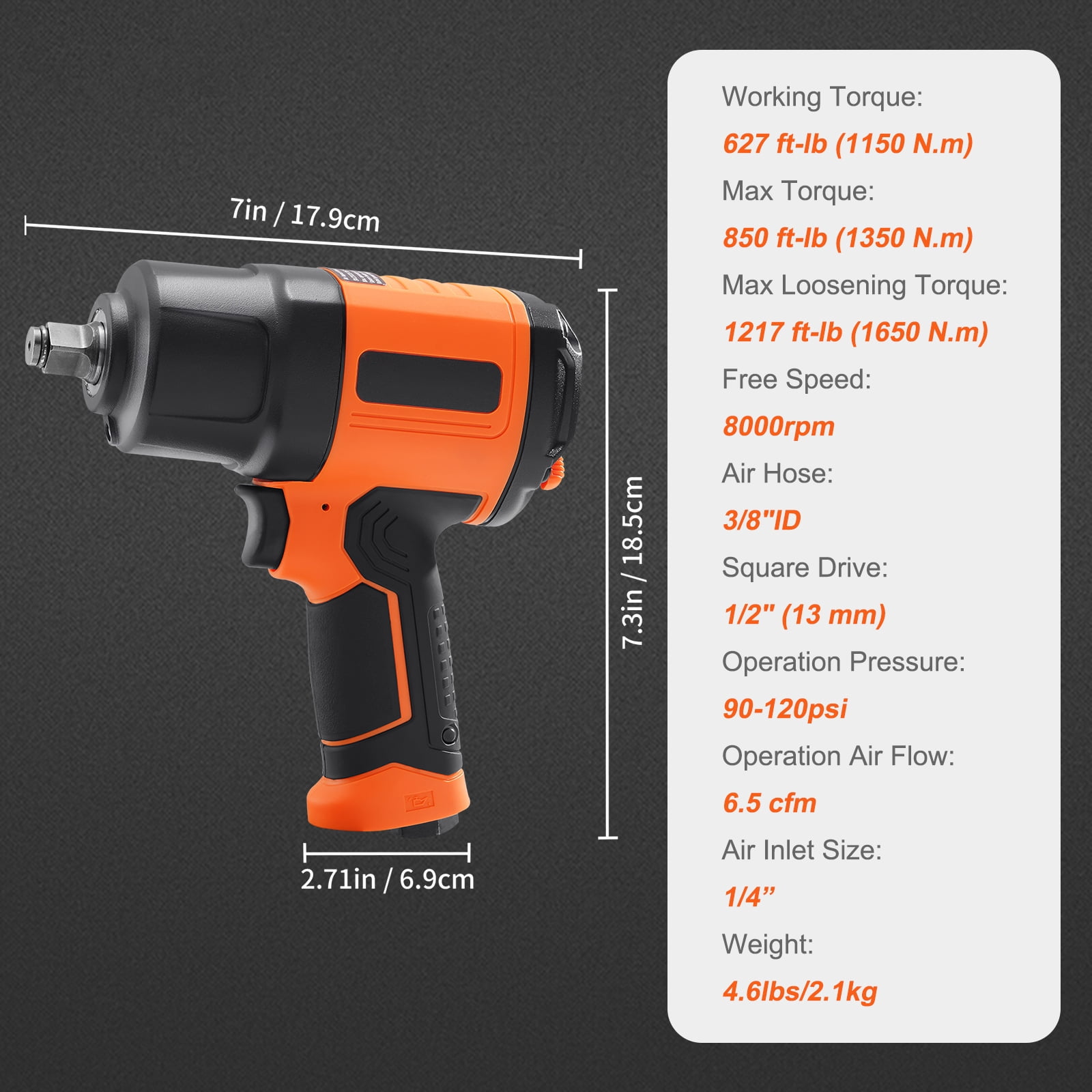 KFFKFF 1/2-Inch Air Impact Wrench, High Torque Up to 1400 ft-lbs, Lightweight 4.6 lb Design Pneumatic Impact Gun with 11-PCS Drive CR-V Steel Impact Socket Set & Carrying Case