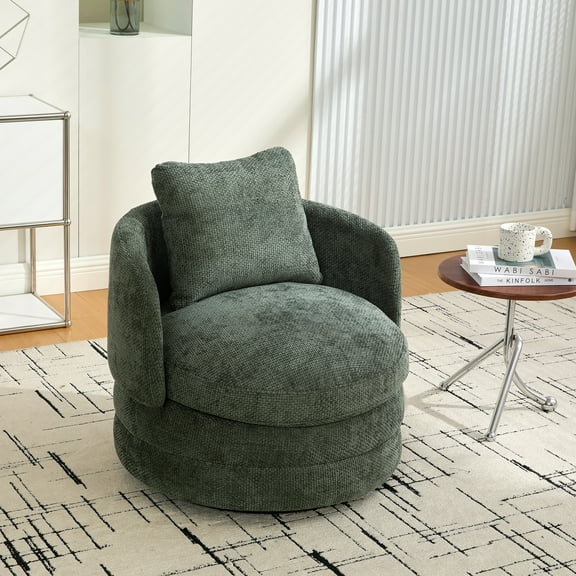 Modern Round 360° Swivel Barrel Accent Chair, Chenille Upholstered Comfy Barrel Armchair with Pillow, Single Club Sofa Chair for Living Room, Bedroom, Reading Nook, Dark Gray