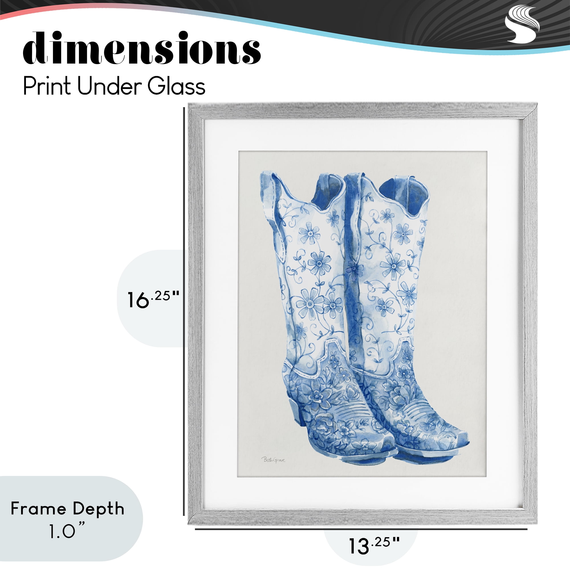 Stupell Industries Blue Boots with Floral Embroidery Gray Framed Print Under Glass, design by Beth Grove