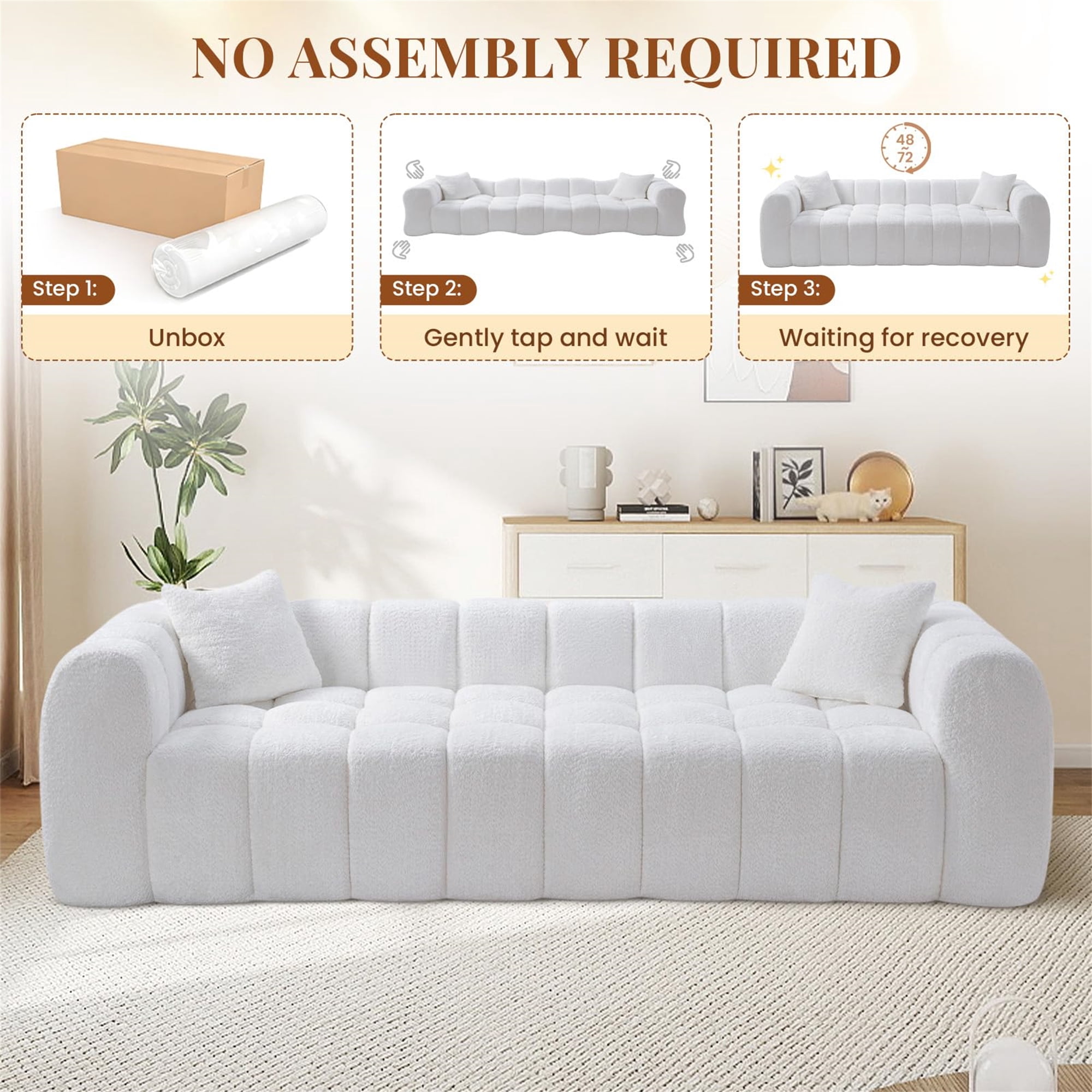 Aukfa 103" Oversized Boucle Cloud Sofa Deep Seat Boneless Couch with Square Tufted for Living Room, 2Pillows, Cream