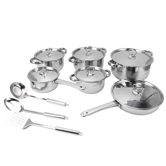 LAZIOEGR Premium Stainless Steel Cookware Set – 4‑Piece Soup Pots, 2‑Piece Saute Pans, Lids, Spatula & Ladles – Heat‑Resistant Handles, Elegant Design