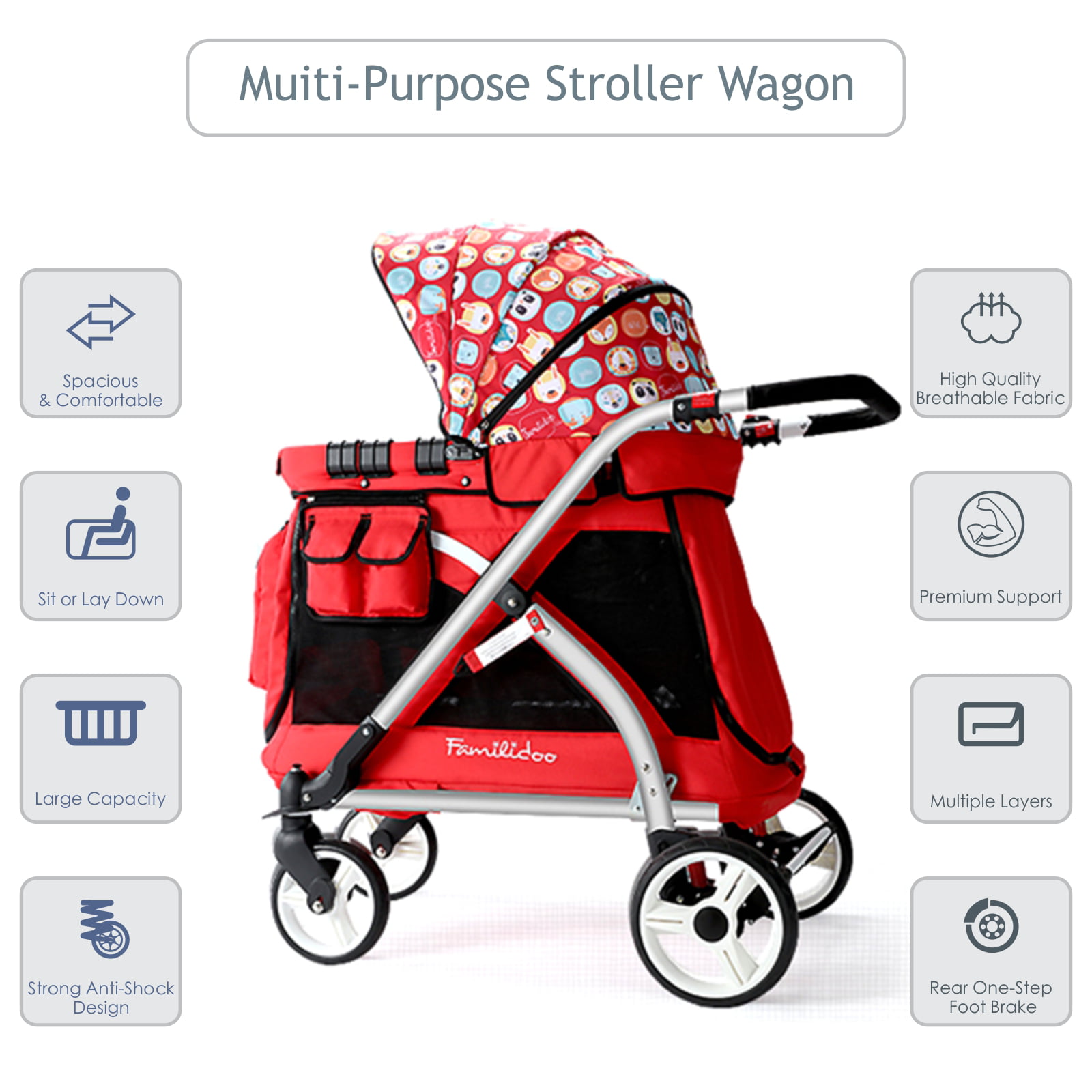 Chariot Mini Black Removable & Reversible Canopy Zipper Doors Familidoo Multi-Purpose Folding Single Stroller Wagon with Deep Carriage Seat 