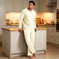 thumbnail image 4 of Mens Pajamas Set 2 Piece Solid Pjs Sets Crewneck Loungewear Sleepwear Summer Fall Homewear Long Sleeve Tops and Long Pants with Pocket Yellow M, 4 of 6