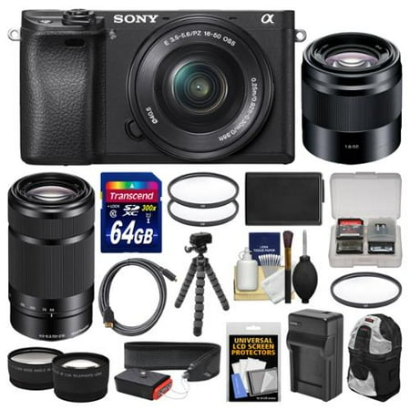 Sony Alpha A6300 4K Wi-Fi Digital Camera & 16-50mm with 55-210mm & 50mm Lenses + 64GB Card + Case + Battery & Charger + Flex Tripod + Kit