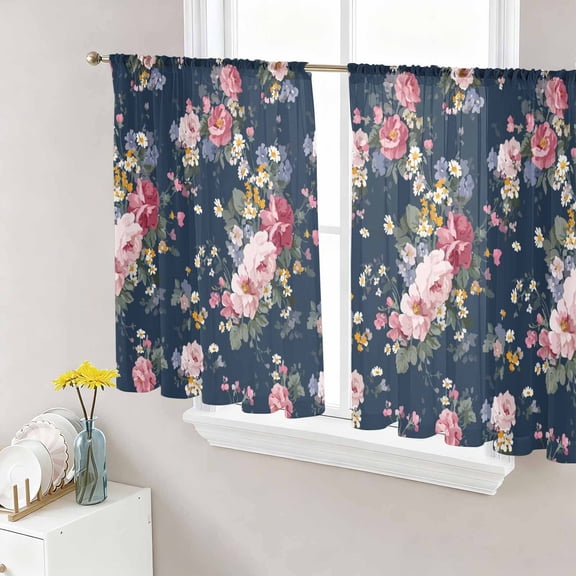 Farmhouse Flowers Sheer Curtains 45 Inch Length 2 Panels Set, Country Pink Red Floral Leaf Navy Blue Voile Window Treatment Rod Pocket Small Kitchen Curtains Drapes for Bedroom 52"x45"x2