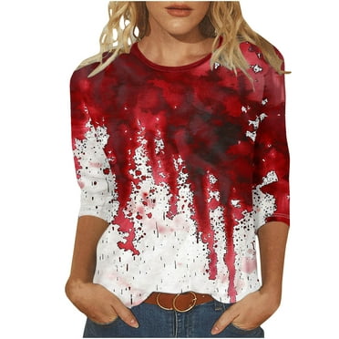 Raeneomay 3/4 Length Sleeve Womens Tops Fashion Halloween Printed T-Shirt Blouse Round Neck Casual Tops