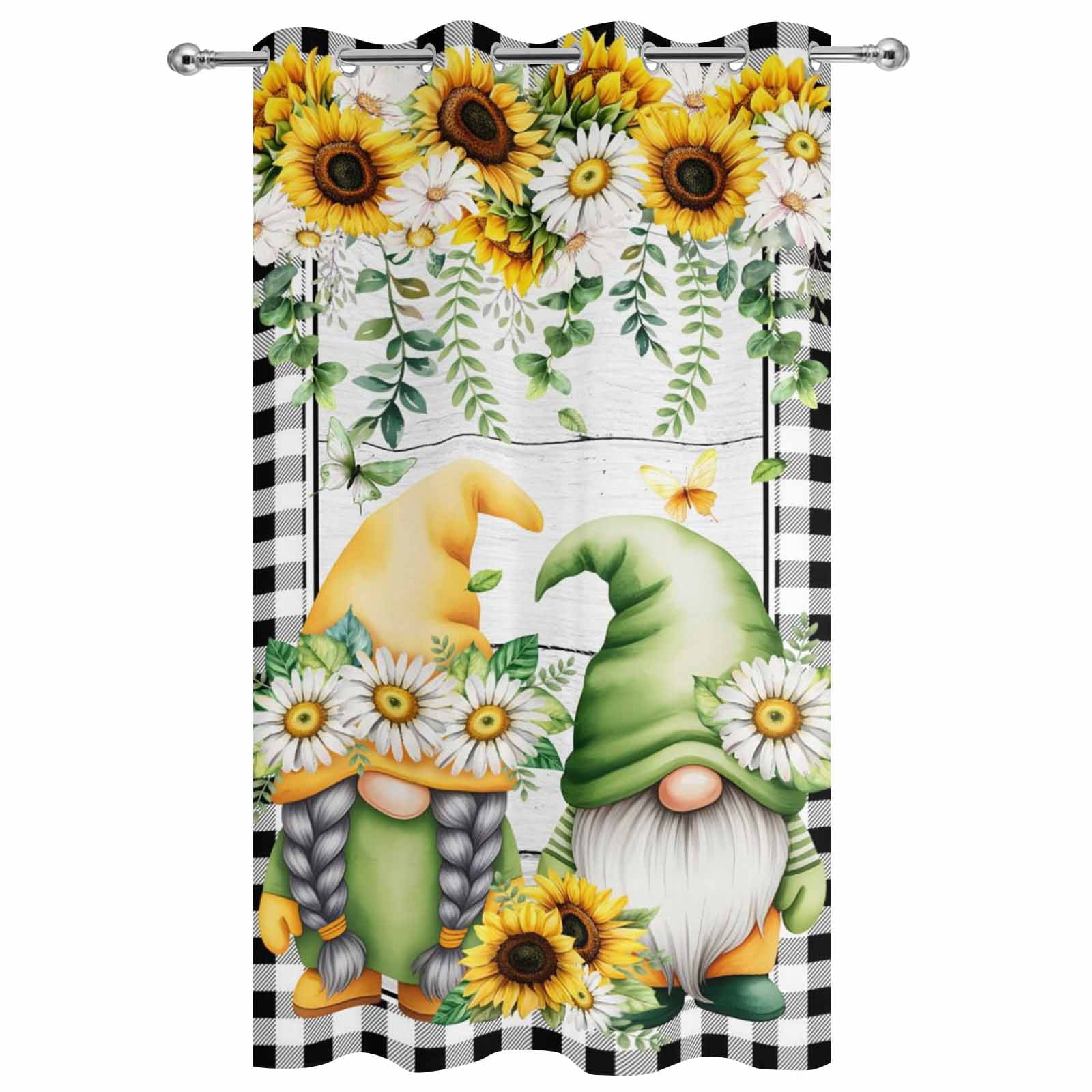 1 Panel Outdoor Curtains for Patio Waterproof 54"x95" Sunflower Gnomes Weatherproof Privacy Outsides Curtains, Spring Farmhouse Daisy Leaf Wooden Grain Grommet Thermal Drapes for Cabana Porch Pergola