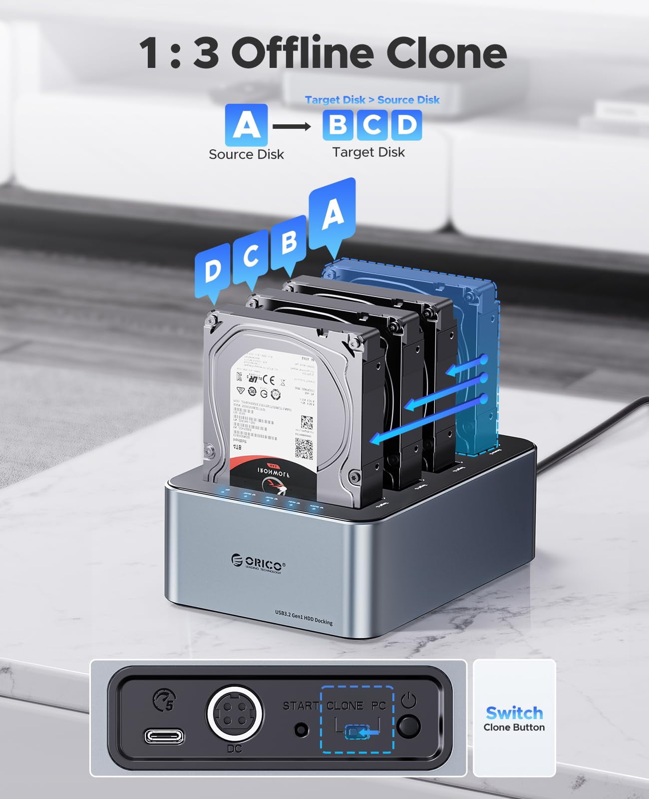 ORICO 4 Bay External Hard Drives Enclosure 10Gbps Aluminum SATA Hard Drive Docking Station Type-C 2.5''/3.5" HDD  Offline Clone 80TB MAX