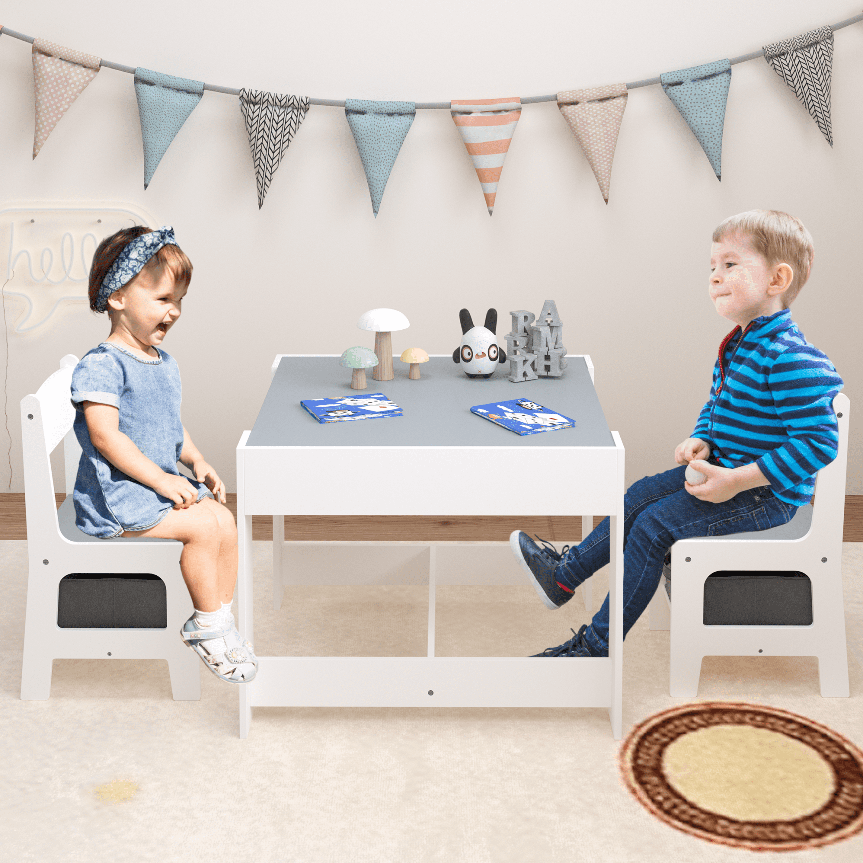 Kids Table and Chair Set with Dual-Sided Blackboard & Play Surface, Storage Drawer & Detachable Tabletop for Toddlers Boys Girls Playroom Learning Activity