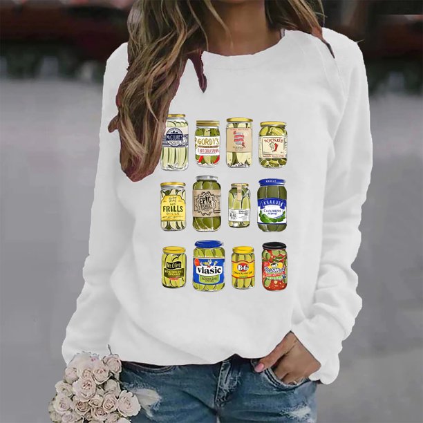 Sudadera con cuello redondo para mujer sudadera con pepinillos enlatados a la moda novedad