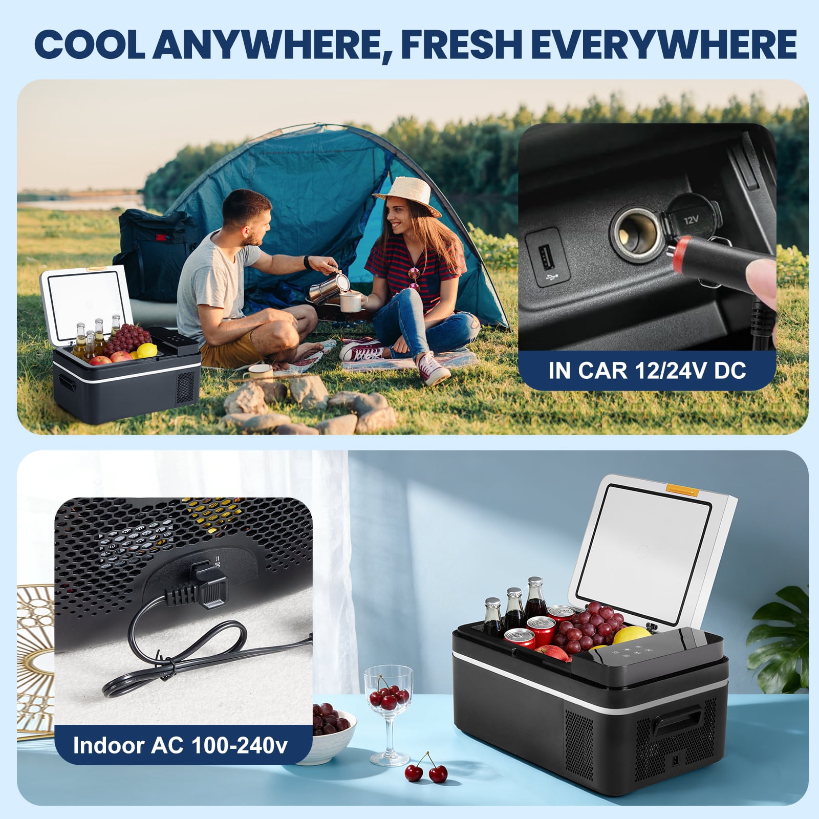 JIOABL 22QT Car Refrigerator, Portable Freezer with -4°F~68°F Adjustable Range, for Travel, Camping, Truck, 12V/24V DC