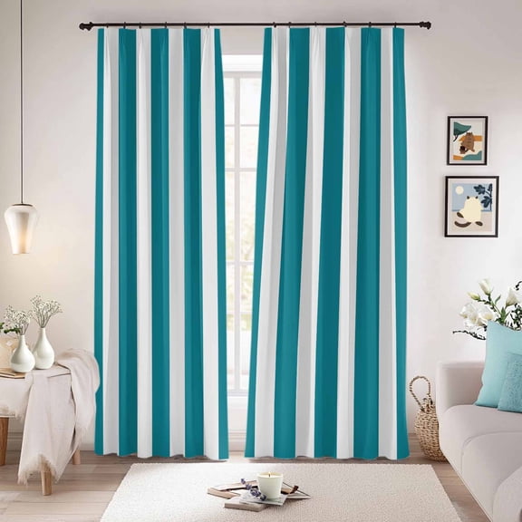 Teal Striped Blackout Curtains for Bedroom/Living Room, Pinch Pleated Black Out Curtains, Simple Art Vertical Stripe Farmhouse Room Darkening Window Drapes with Hooks 2 Panels, 39"x70"