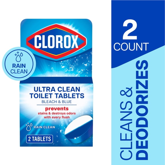 Clorox Bleach and Blue Toilet Bowl Cleaner Tablets, Rain Clean, 2 Count