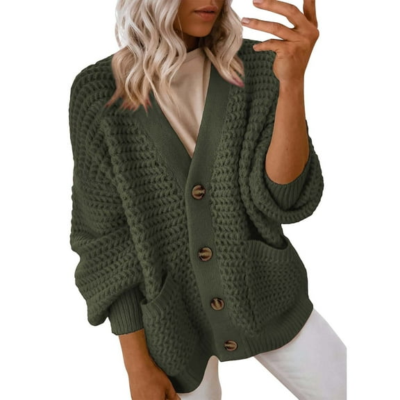 VISALY Cropped Cardigan Button Down Cardigans Women's Fashion Casual Open Front Long Sleeve Chunky Knit Cardigans Sweaters Outerwear Coats Cute Cardigans Knit Cardigans Army Green L