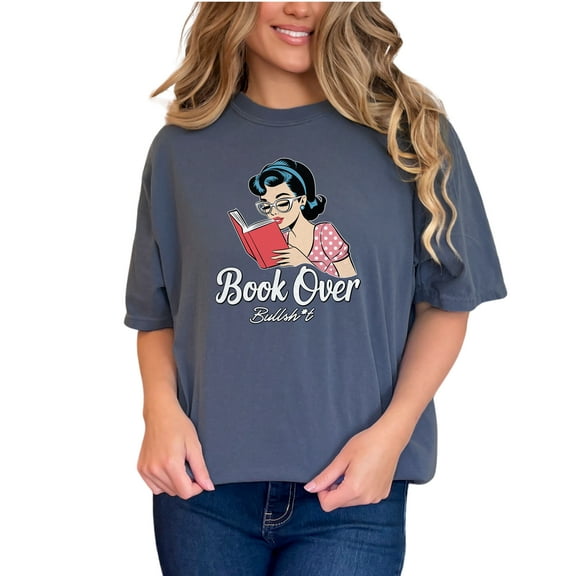 Funny Book Lover T-Shirt, Retro Reading Graphic Tee, Book Over Bullshit Shirt, Cute Bookworm Shirt, Vintage Book Lover Gift, Denim Comfort Colors T-Shirt, Small