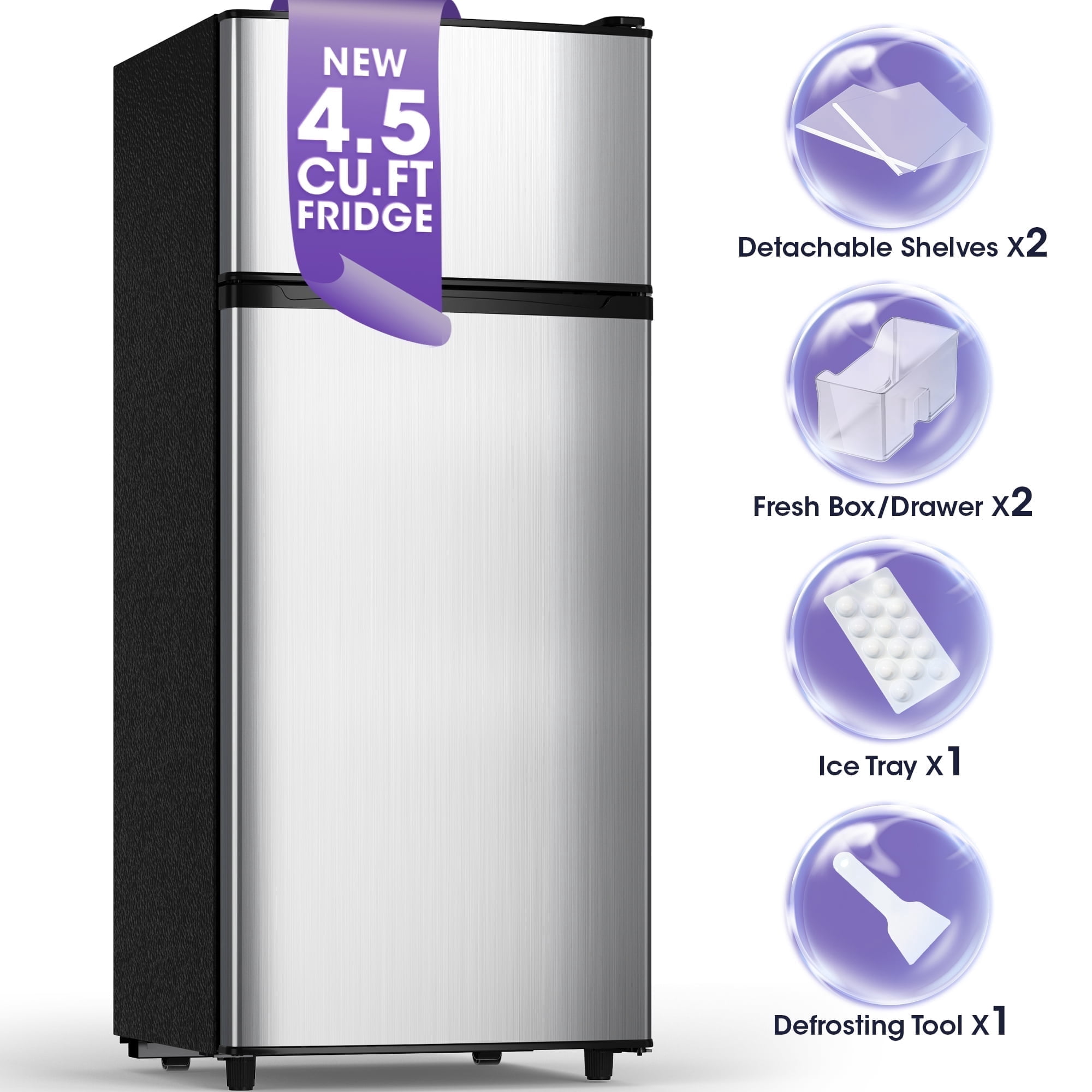 Patiosunny 4.5 cu.ft Mini Refrigerator, Double Door Fridge with Freezer, Adjustable Thermostat & Glass Shelves for Dorm, Bedroom, Apartment, Office, Silver