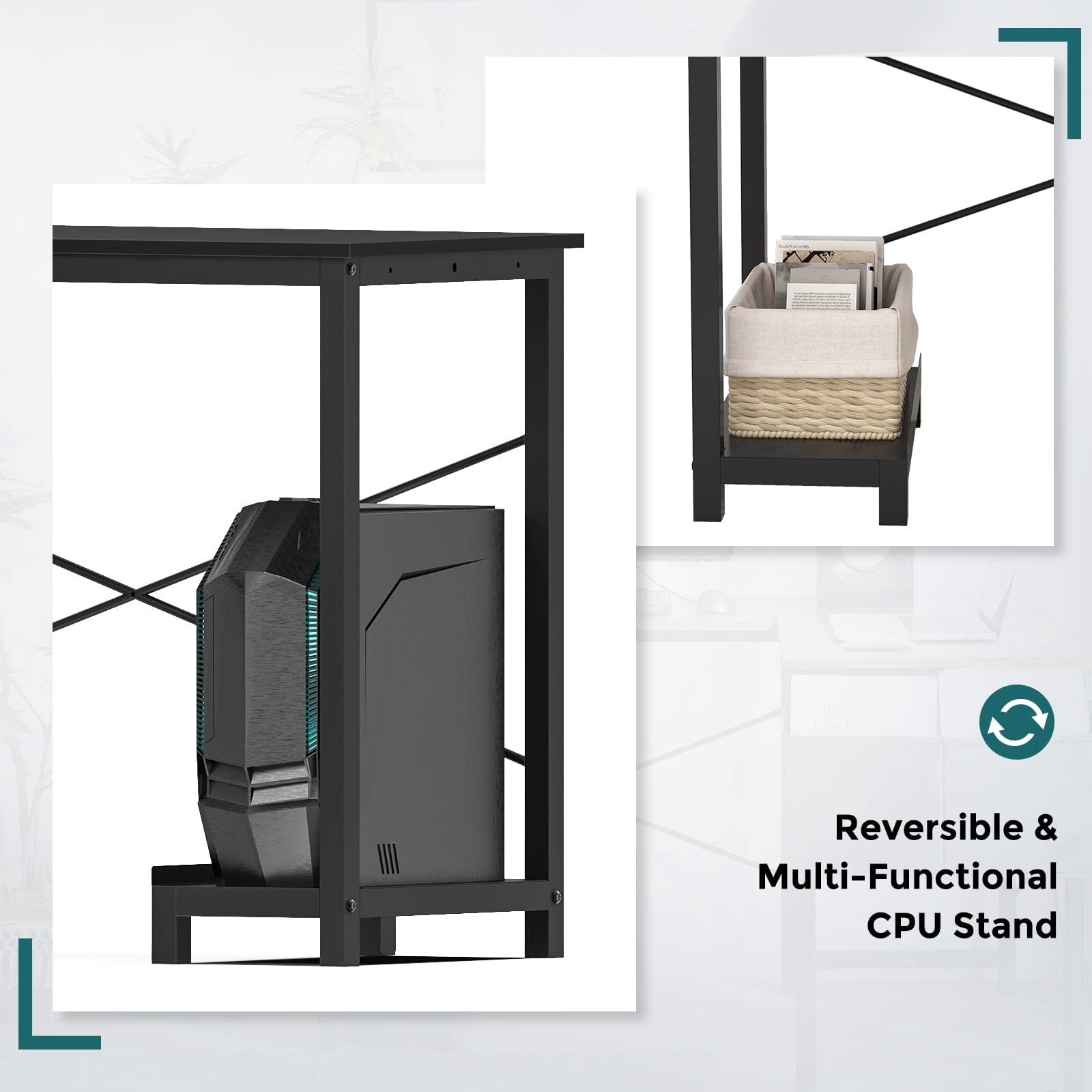 Office Desk, L Shaped Corner Computer Desk with Side Storage Bag and CPU Stand Shelf, 49 Inch, Black