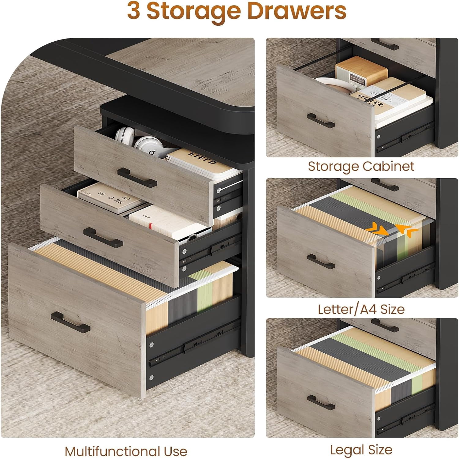 70.9" Executive Desk with Drawers and Power Outlets, Modern Office Desk with Shelf and Large Desktop, Computer Desk Study Table with Storage, Grey