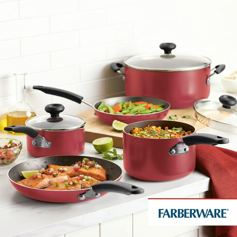 Farberware 12-Piece Easy Clean Nonstick Pots and Pans Set, Cookware Set,  Red 