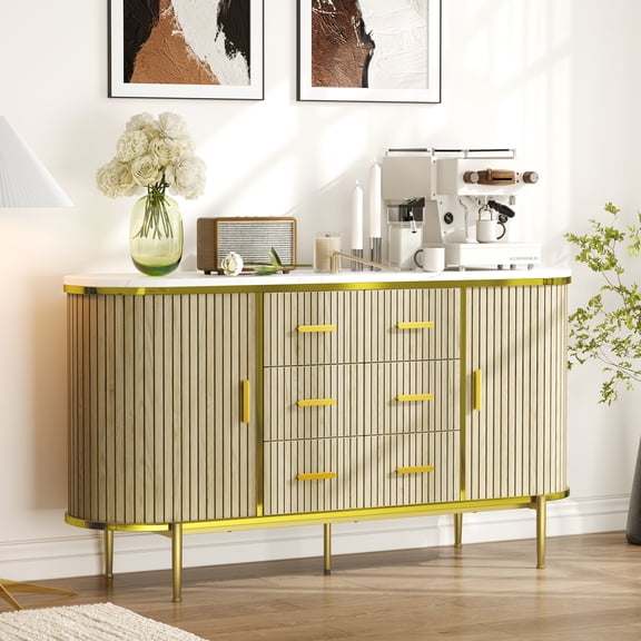 59in Sideboard Buffet Cabinet, Farmhouse Fluted Credenza Storage Cabinet Media TV Console Table with 6 Drawers 2 Sliding Doors and Faux Marble Top for Living Room Kitchen, Oak