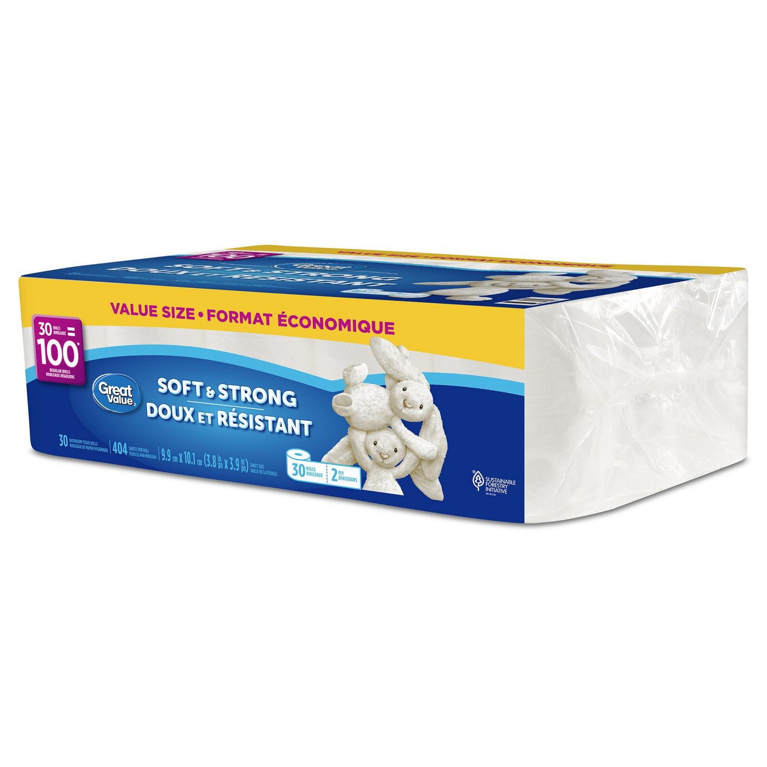 Great Value, Septic Safe Toilet Paper, 30 Family Equal 100 Rolls, 404 tissues per roll