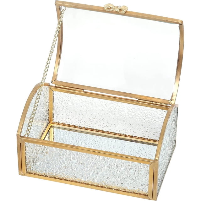 Caja geométrica de vidrio y latón, joyero vintage, vitrina para anillos de boda, caja de recuerdos, caja de presentación de escritorio para bodas, grande