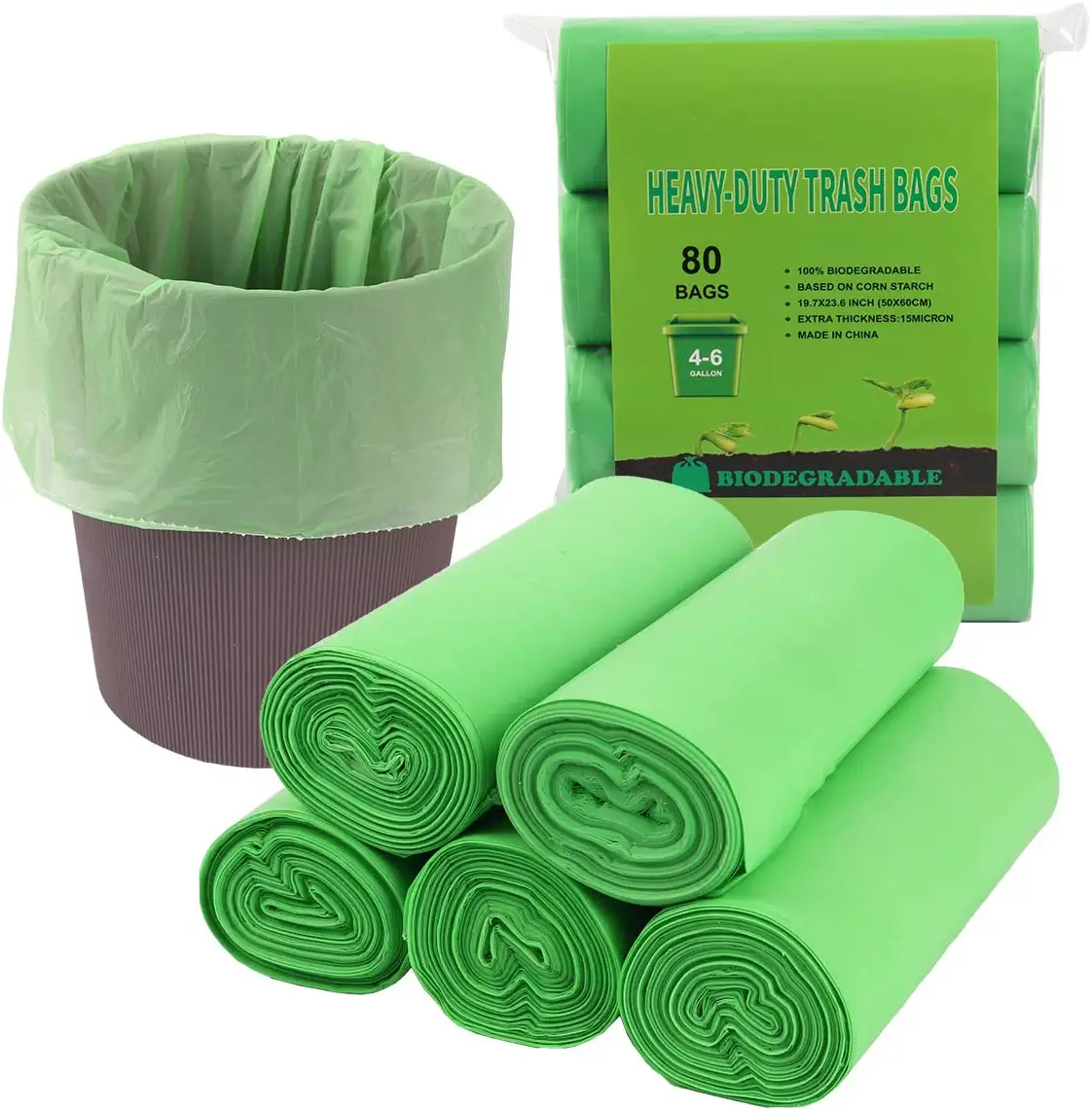 Biodegradable Small Trash Bags 2.6-4 Gallon, iPstyle Kitchen Bathroom Wastebasket Garbage Bags 80 Counts Green - 2.6-4 Gallon (17.7*19.7)