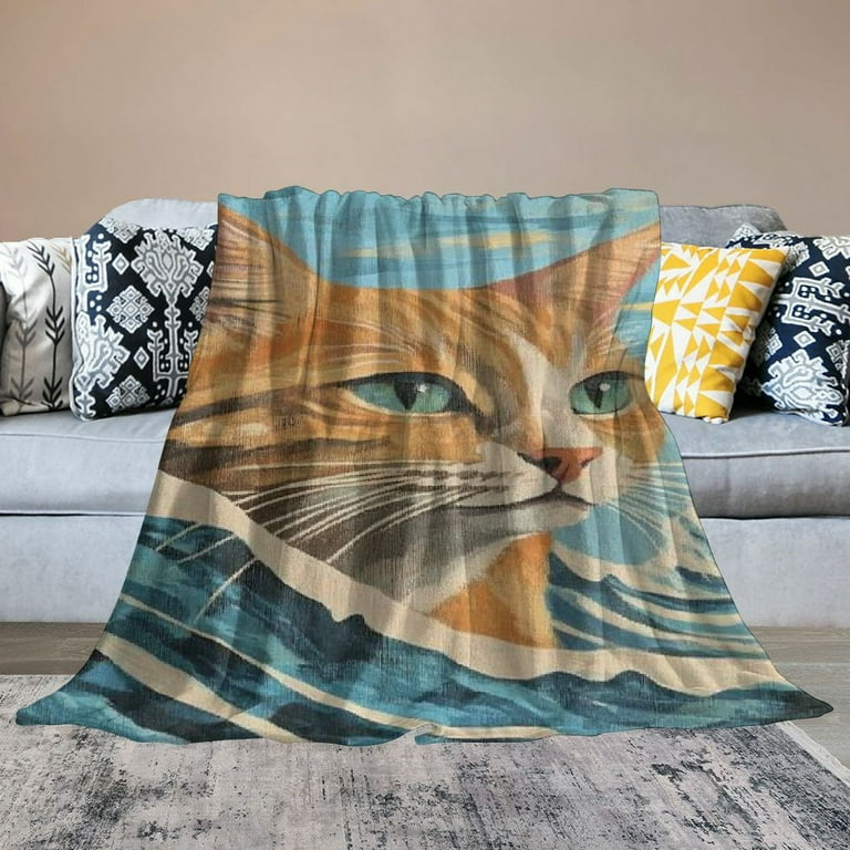 BCIIG Orange Tabby Cat Throw Blanket, Retro Wave Seashell Beach