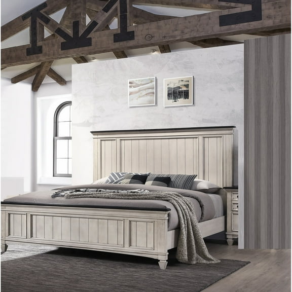 Beige   Brown Solid Wood King Size Panel Bed, Rustic Bedroom Furniture Bed In Tone, Construction For A Cozy
