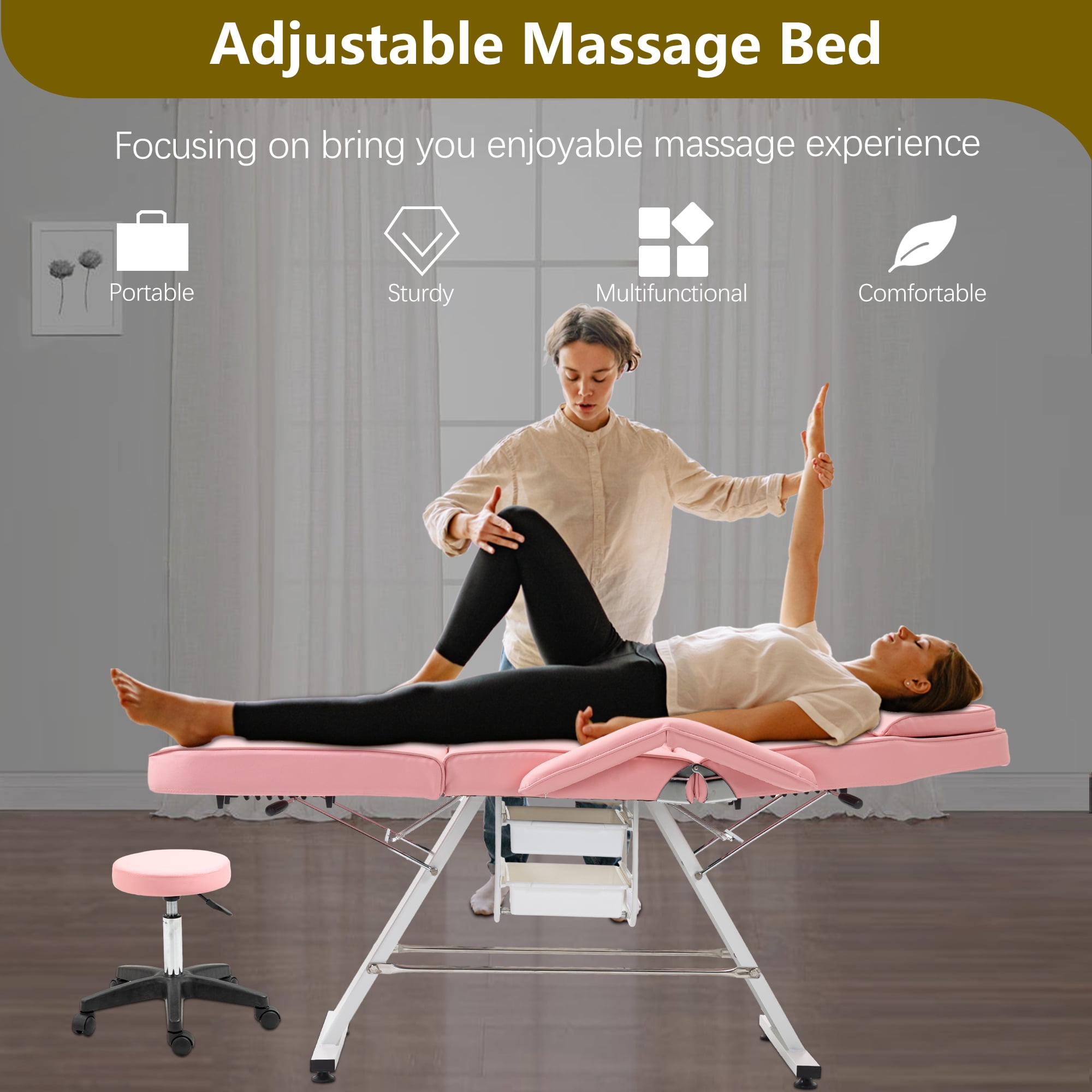 Miniyam 72.7" x 24.4" x 27.6" 3-in-1 Massage Bed & Tattoo Chair – 2 Trays, Hydraulic Stool, Adjustable 3 Sections – for Facial, Beauty, Barber – Pink